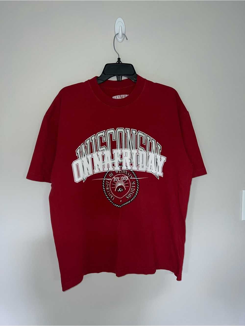 Red and white University of Madison tshirt Onna Friday Large